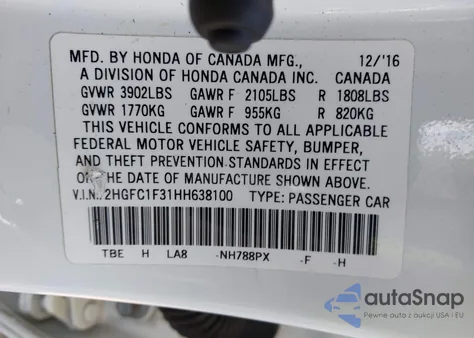 2017 Honda Civic Ex-T from USA, damaged, VIN 2HGFC1F31HH638100